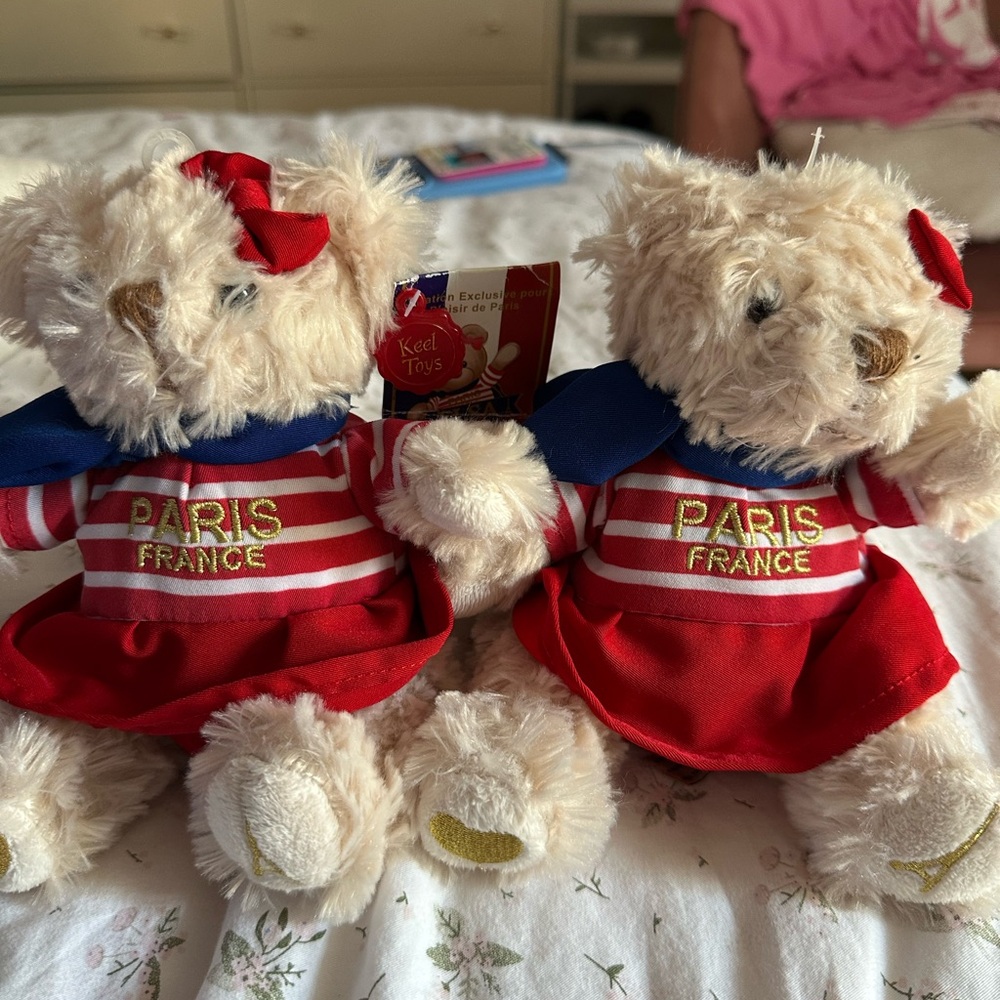 Two Paris France Eiffel Tower Teddy Bears in Red and Blue Outfits